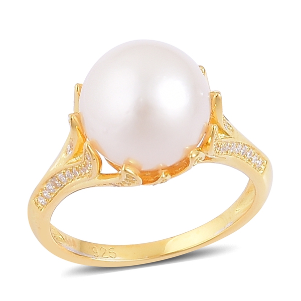 South Sea White Pearl (Rnd 11.5-12 mm), White Zircon Ring in Yellow Gold Overlay Sterling Silver