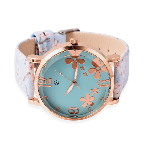 STRADA Japanese Movement Water Resistant Floral Motif Adorned Watch - Blue