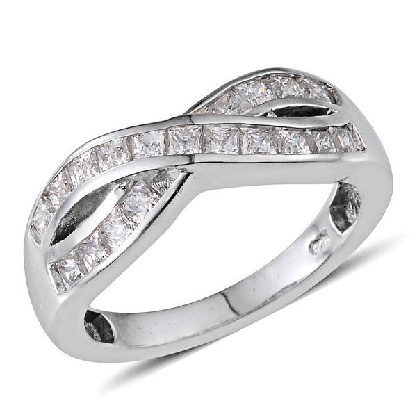 Lustro Stella - Platinum Overlay Sterling Silver (Sqr) Criss Cross Ring Made with Finest CZ