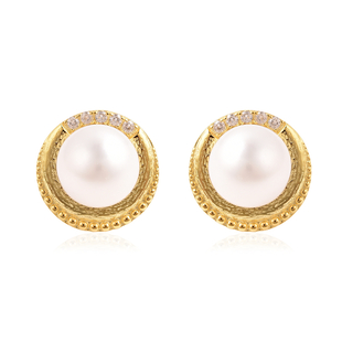 Edison Pearl and Natural Cambodian Zircon Stud Earrings in Yellow Gold Overlay Sterling Silver