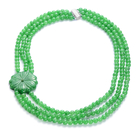 Flower Carved Green Jade and Chrome Diopside Three Row Beads Necklace (Size 18) in Sterling Silver 4