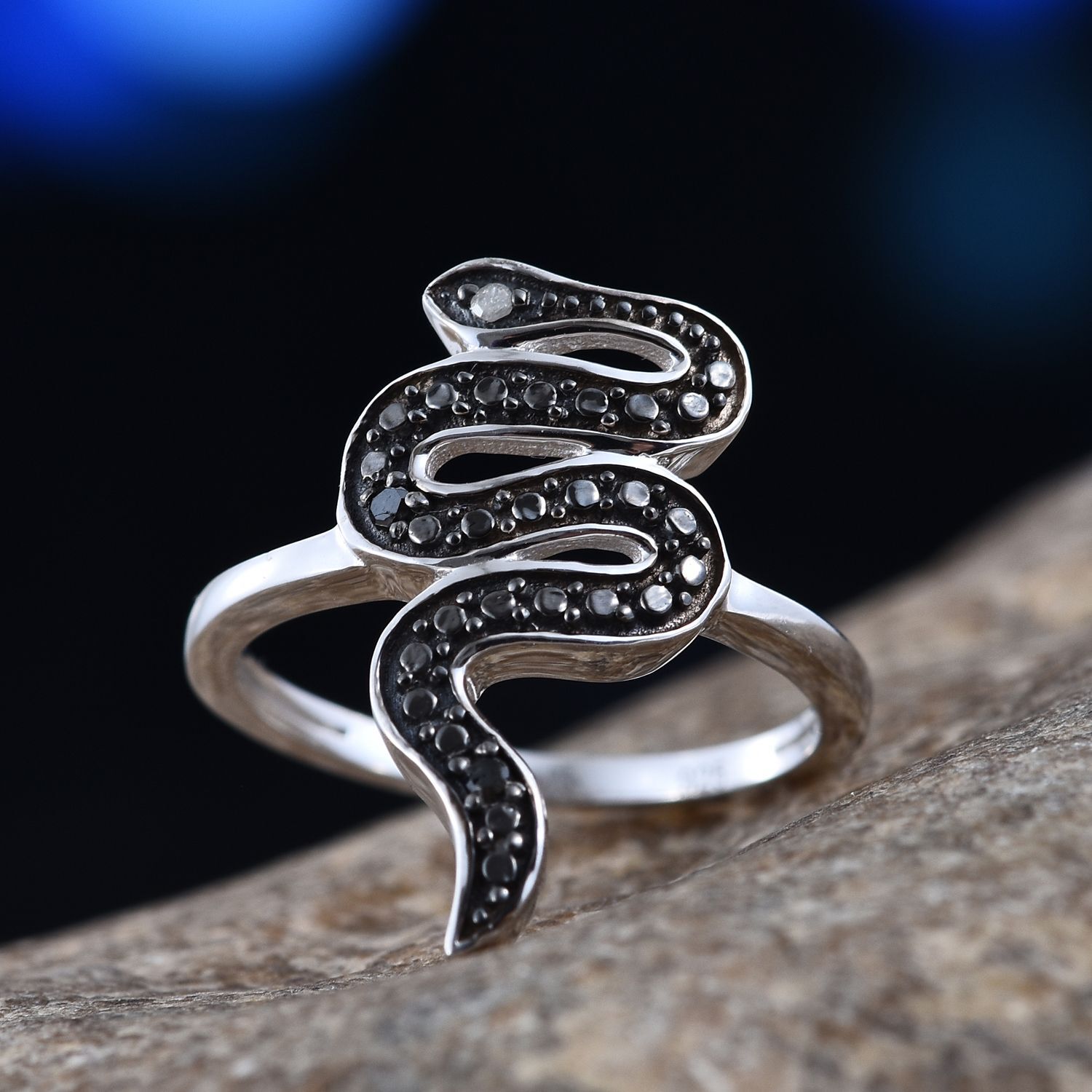 Black Diamond (Rnd), White Diamond Snake Ring in Platinum Overlay Sterling Silver