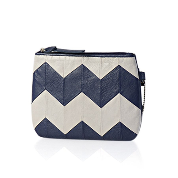 Genuine Leather Zig Zag Pattern Silver Grey and Dark Blue Colour Pouch (Size 18.5x13.5 Cm)