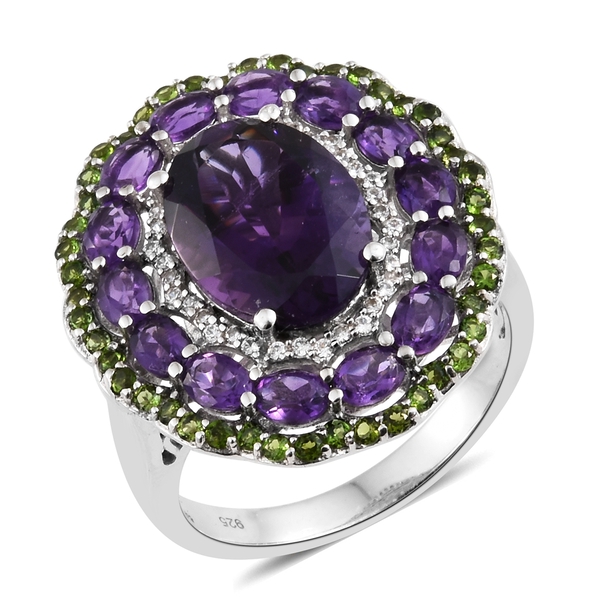 7.75 Ct Lusaka Amethyst and Multi Gemstone Floral Halo Ring in Platinum Plated Silver 7.08 Grams