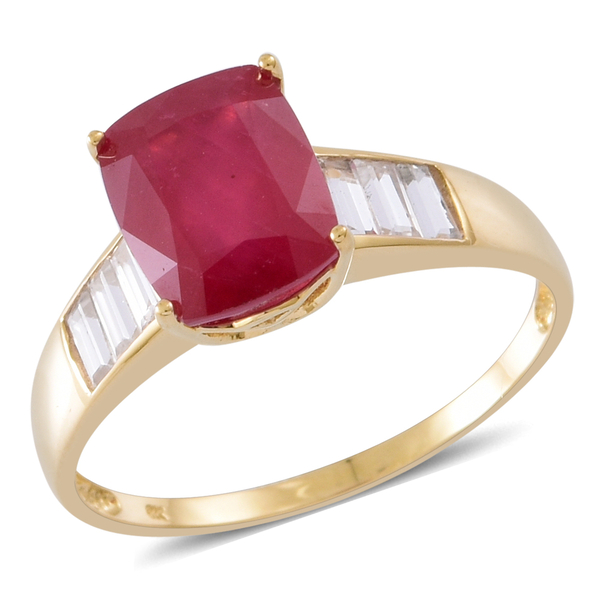 Exclusive Edition 9K Y Gold AAA African Ruby (Cush 4.65 Ct), Natural Cambodian White Zircon Ring 6.0