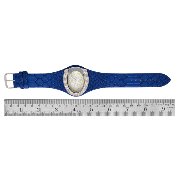 STRADA Japanese Movement White and Yellow Austrian Crystal Watch in Silver Tone with Snake Embossed Dark Blue Colour Strap