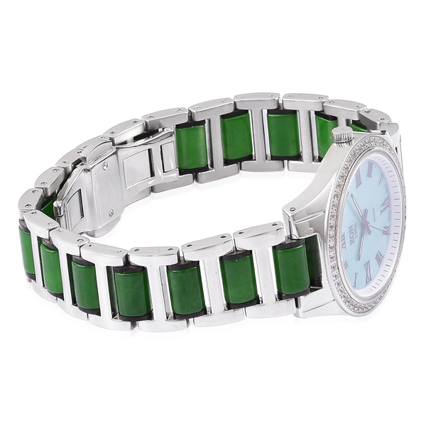 Limited Edition - EON Swiss Movement Green Jade and White Topaz 3ATM Water Resistant Watch in Stainless Steel 57.600 Ct.