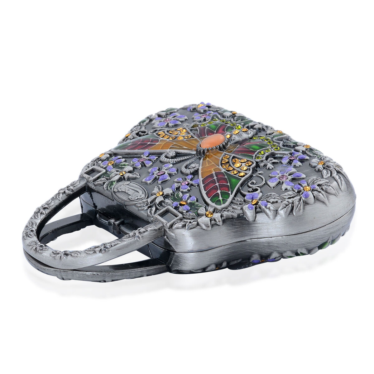 Multi Colour Enameled Flower and Butterfly Pattern Handbag Shape Compact Mirror in Silver Tone with Simulated Orange Cats Eye