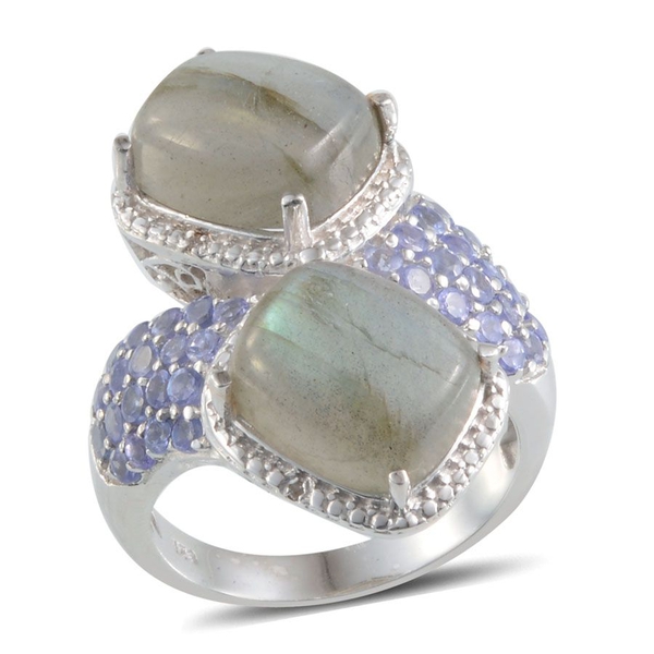 Labradorite (Cush), Tanzanite and Diamond Crossover Ring in Platinum Overlay Sterling Silver 13.770 