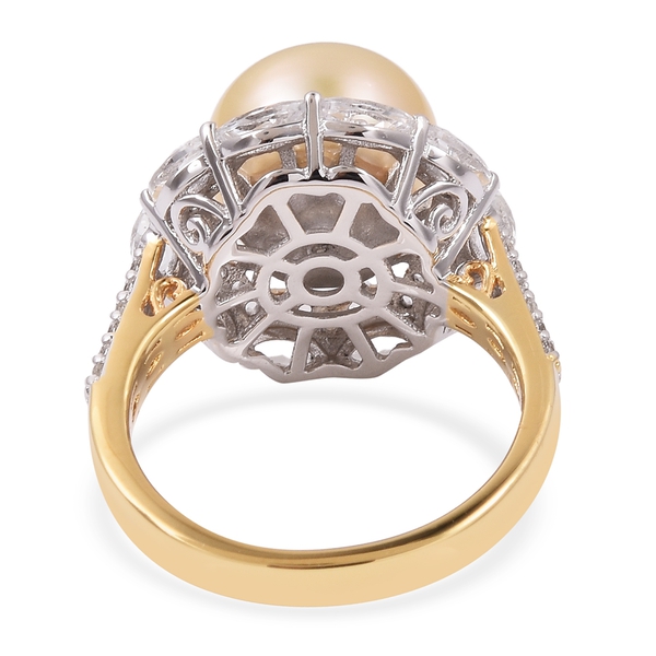 South Sea Golden Pearl (Rnd 11.5-12 mm), White Topaz Ring in Gold and Rhodium Overlay Sterling Silver