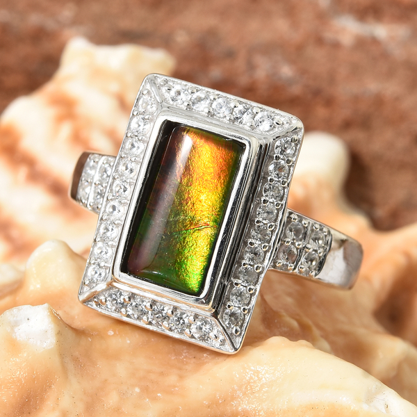 AA Canadian Ammolite (Rectangle 10x5 mm) Natural White Cambodian Zircon Ring in Platinum Overlay Sterling Silver.