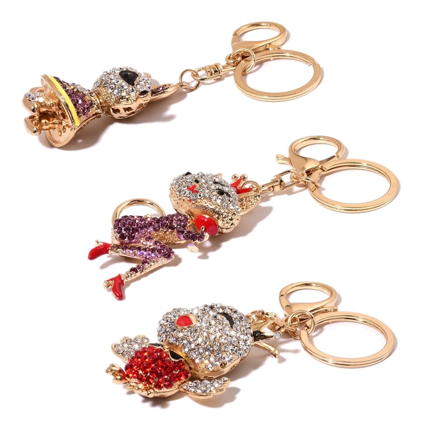 Set of 3 - White, Purple, Red and Black Austrian Crystal Chick, Fox and Rat Enameled Key Chain in Gold Tone
