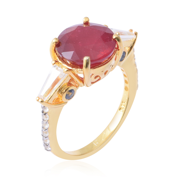African Ruby (Rnd 5.55 Ct), Natural White Cambodian Zircon and Madagascar Blue Sapphire Ring in Yellow Gold Overlay Sterling Silver 6.750 Ct.