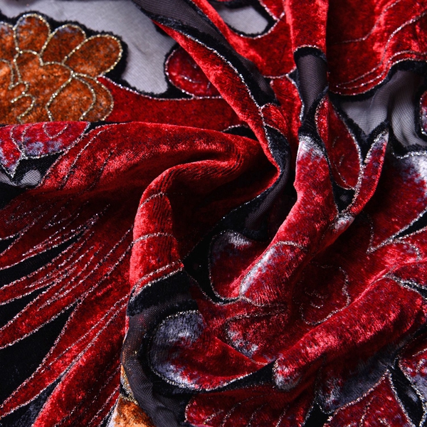 Designer Inspired - Black, Red and Multi Colour Peacock and Floral Pattern Scarf with Tassels (Size 158X50 Cm)