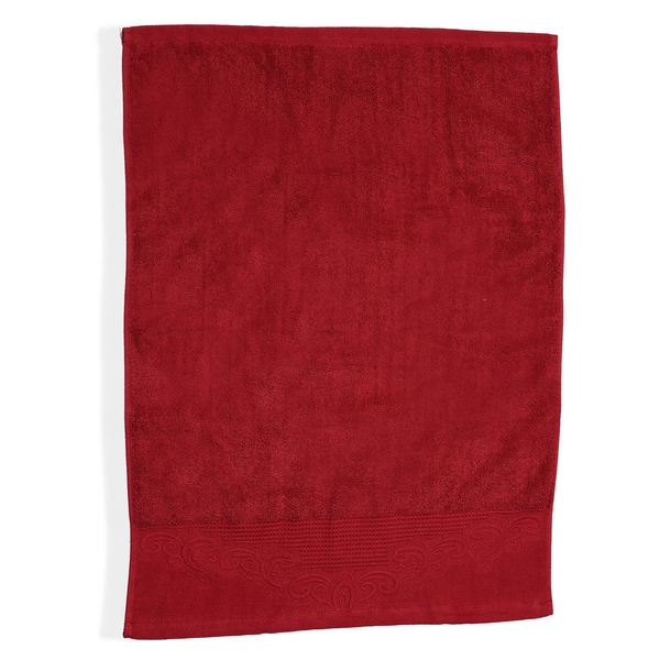 Set of 4 - 100% Cotton Red Colour 1 Bath Towel (Size 130x65 Cm), 2 Face Towel (Size 65x50 Cm) and 1 Hand Towel (Size 33x33 Cm) with Filigree Pattern at the Border