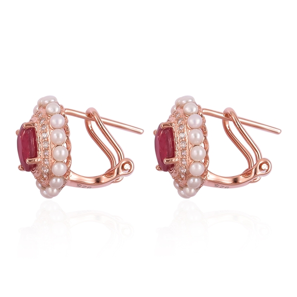 5.30 Ct African Ruby, Freshwater Pearl and Natural White Cambodian Zircon Stud Earrings in Rose Gold Plated Silver (with French Clip)