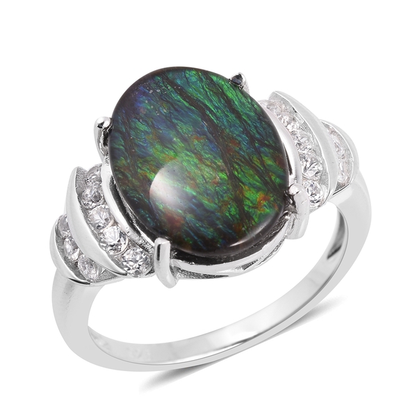 6 Carat AA Canadian Ammolite and White Zircon Solitaire Design Ring in Sterling Silver 4.95 Grams