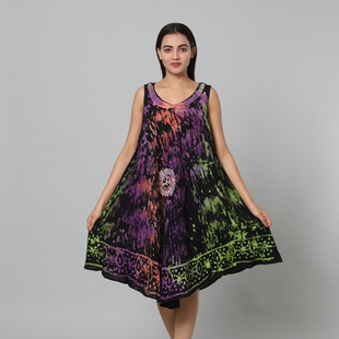 100% Viscose Splatter Pattern Tie Dye Women Dress (One Size 8-20) - Black & Multi