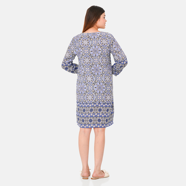 TAMSY 100% Viscose Floral Pattern Dress (Size S,8 - 10) - Blue & White