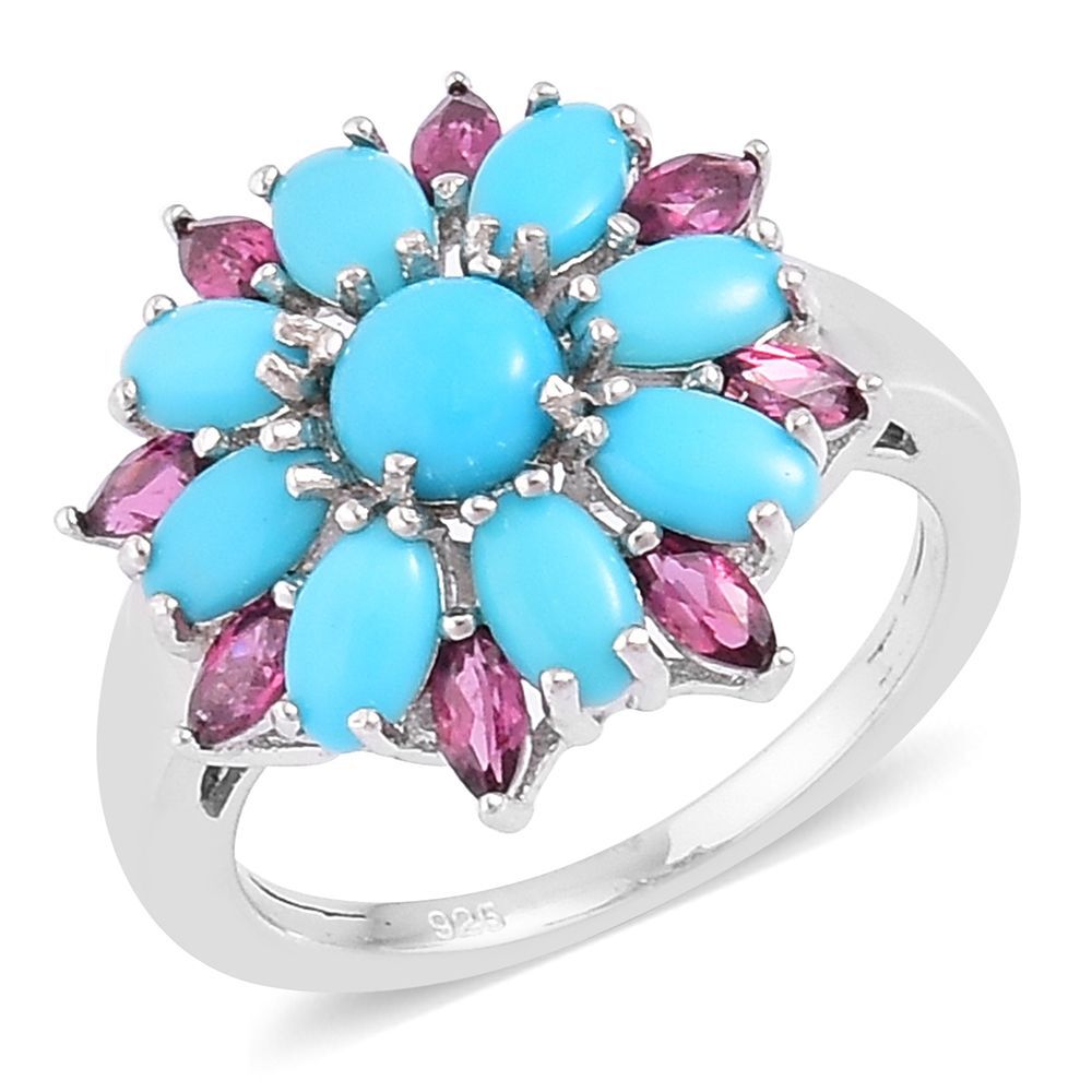 Arizona Sleeping Beauty Turquoise (Rnd), Rhodolite Garnet Floral Ring in Rhodium Plated Sterling Sil