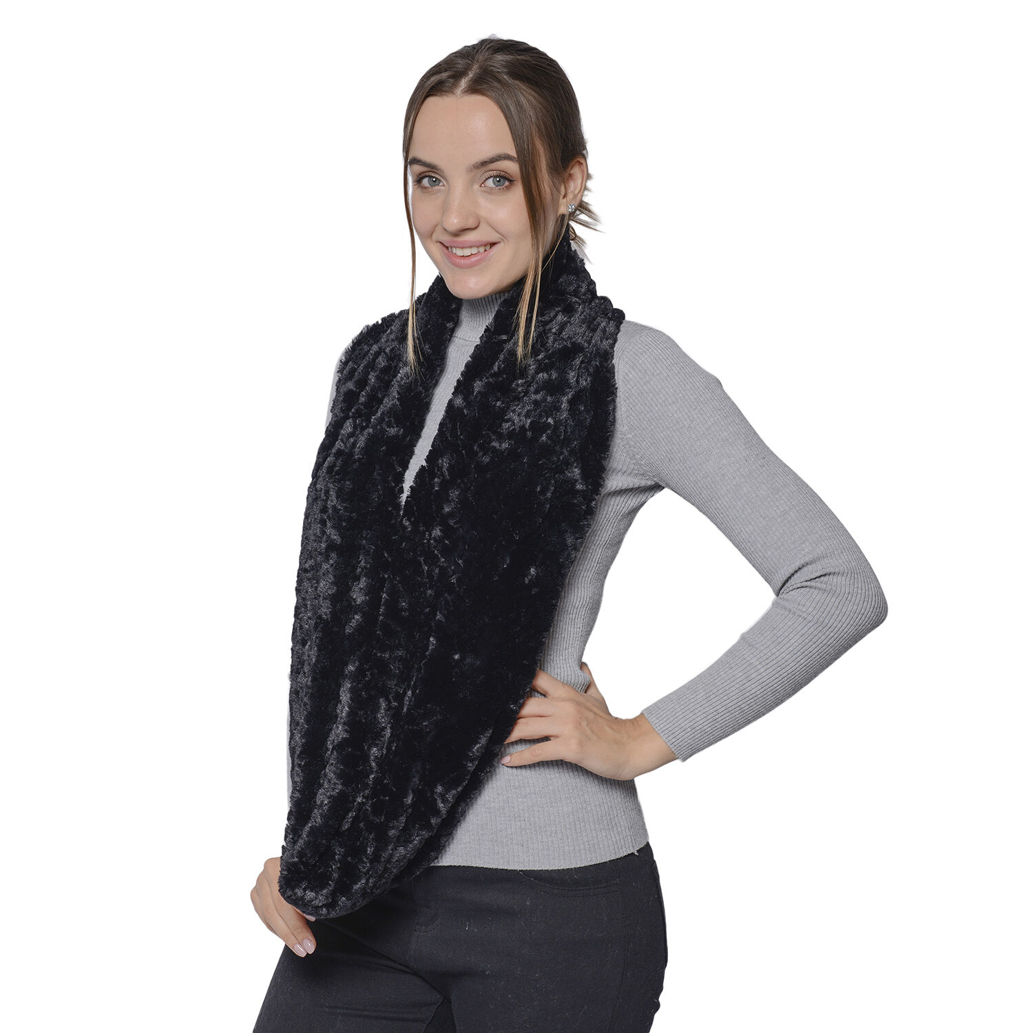 Italian Designer Inspired- High Quality Faux Fur Infinity Scarf 76x20cm) - Black