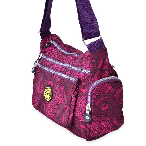 Fuchsia and Purple Colour Floral Pattern Multi Pocket Waterproof Crossbody Bag with Adjustable Shoulder Strap (Size 27.5X20X11 Cm)