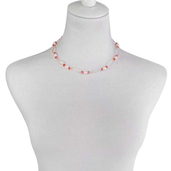 Fresh Water White Pearl, Red and White Glass Necklace (Size 18) and Bracelet (Size 7.5) in Stainless Steel