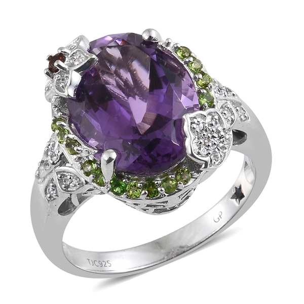9.25 Ct GP Amethyst and Multi Gemstone Halo Ring in Platinum Plated Silver