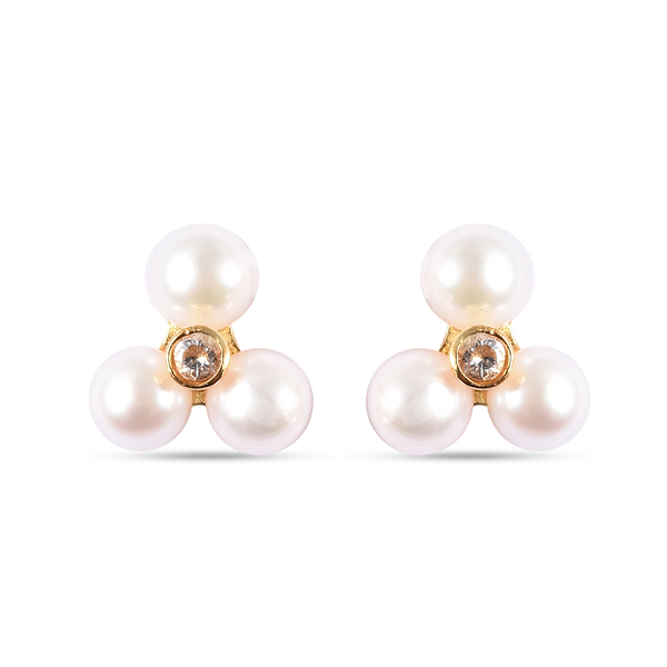 Japanese Akoya Pearl and Natural Cambodian Zircon Earrings (with Push Back) in Yellow Gold Overlay S