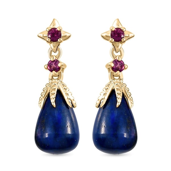 GP - Lapis Lazuli, Rhodolite Garnet and Kanchanaburi Blue Sapphire Dangling Earrings (With Push Back