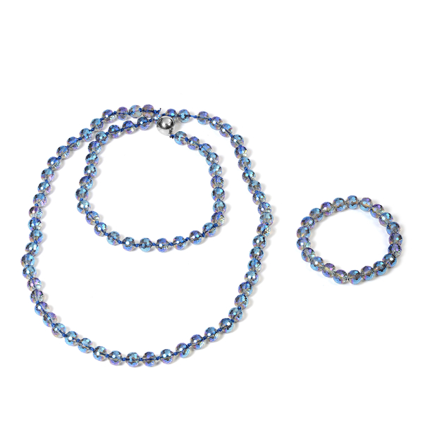 2 Piece Set - Simulated Blue AB Crystal Necklace (Size 36) with Magnetic Lock and Stretchable Bracel