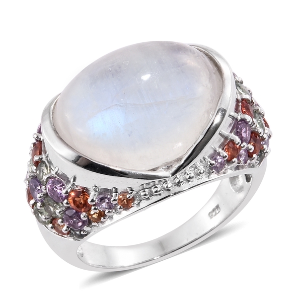 16.50 Ct Rainbow Moonstone and Multi Sapphire Classic Ring in Platinum Plated Silver 7.41 Grams