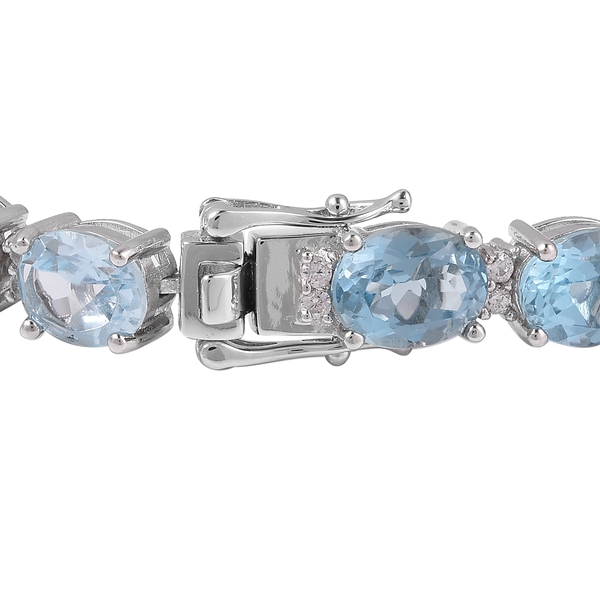 Sky Blue Topaz (Ovl 9x7 mm ), Natural Cambodian White Zircon Tennis Bracelet (Size 7.5) in Rhodium Overlay Sterling Silver 40.500 Ct, Silver wt 15.00 Gms.