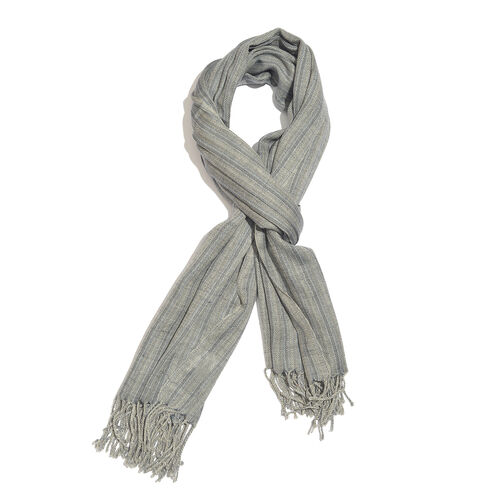 100% Merino Wool Grey and Beige Colour Stripes Pattern Scarf with ...