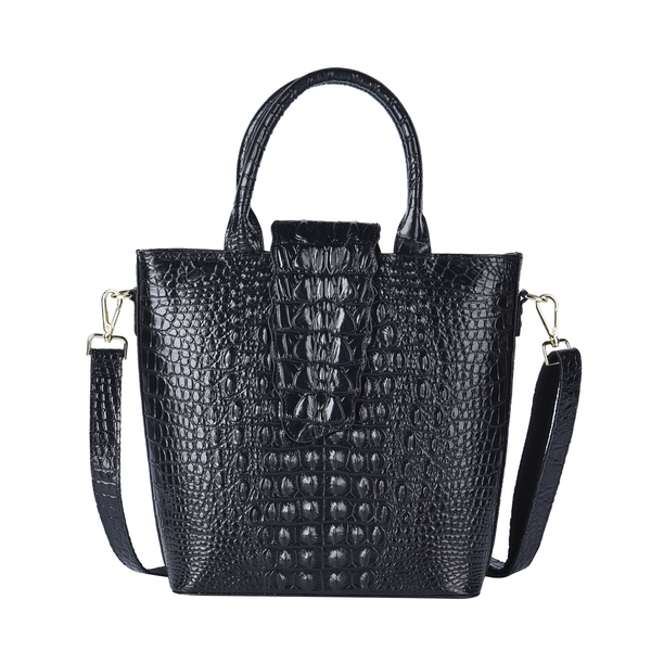 Genuine Leather Crocodile Skin Pattern Convertible Bag with Handel and Shoulder Strap  - Black