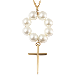 White Shell Pearl Cross Necklace ( Size 24)  in Yellow Gold Tone