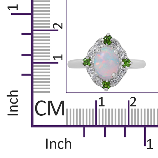 Ethiopian Welo Opal (Ovl 9x7mm 1.42 Ct), Chrome Diopside and Natural White Cambodian Zircon Ring in Rhodium Plated Sterling Silver 2.250 Ct.