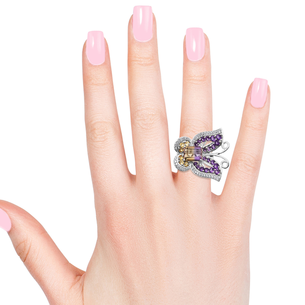 AA  Anahi Ametrine (Oct), Amethyst, Citrine and Multi Gemstone Butterfly Ring in Platinum Overlay Sterling Silver 6.250 Ct, Silver wt 8.18 Gms