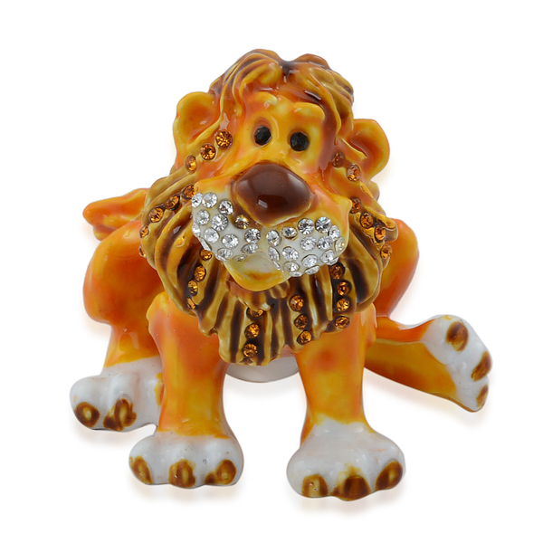 Yellow Colour Enameled Lion Shape Trinket Box in Gold Tone Decorated with Multi Colour Austrian Crys