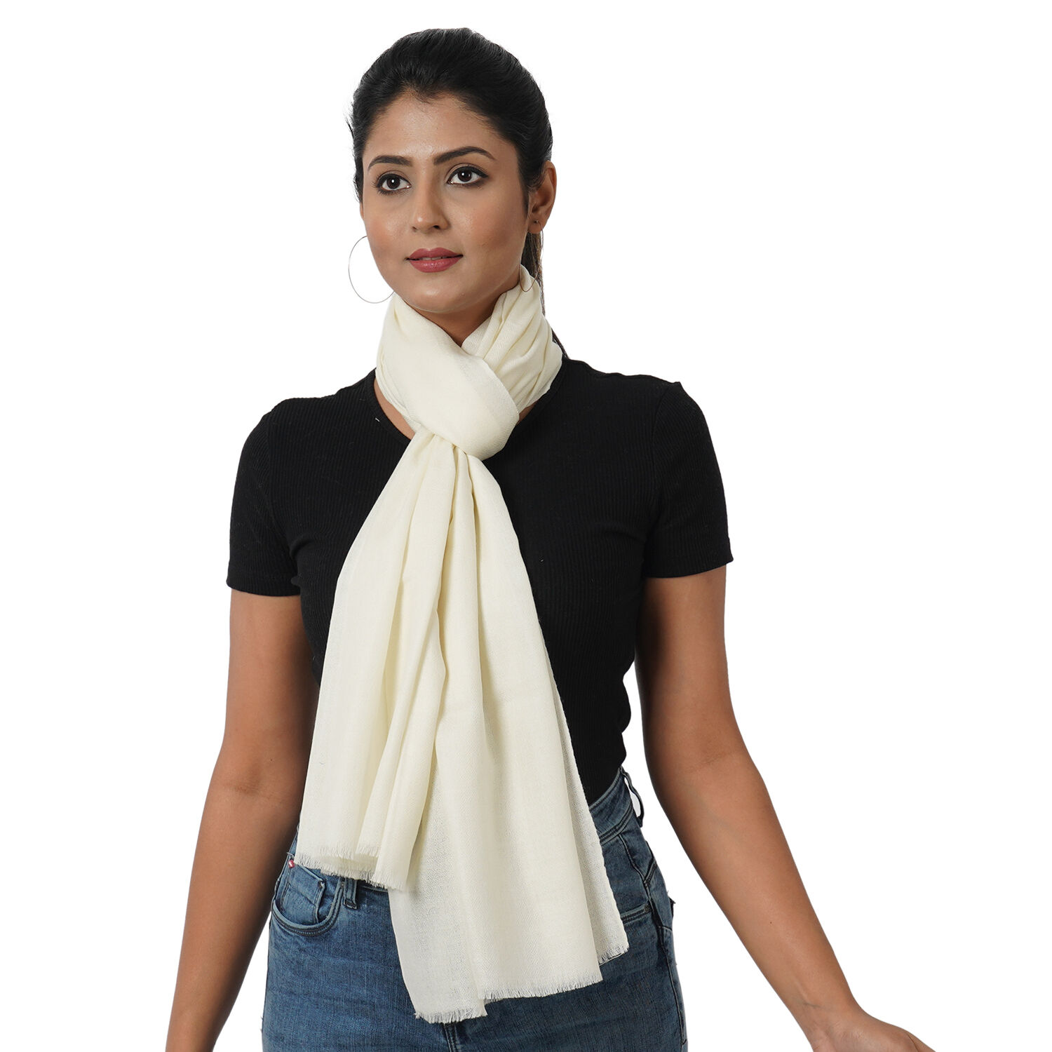 100% Cashmere Wool White Colour Scarf (Size 190x70Cm)