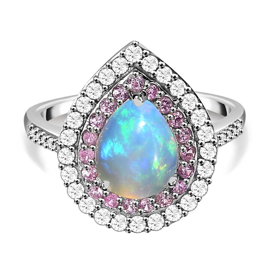 AAA Ethiopian Welo Opal, Pink Sapphire and Natural Zircon Teardrop Halo Ring in Platinum Overlay Sterling Silver 2.00 Ct