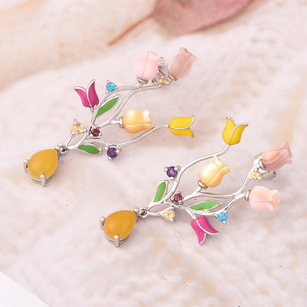 Jardin Collection - Yellow Jade (3.00 Ct.), Pink Mother of Pearl and Multi Gemstone Tuilp Dangle Enamelled Earrings in Rhodium Overlay Sterling Silver, Silver wt. 5.04 Gms