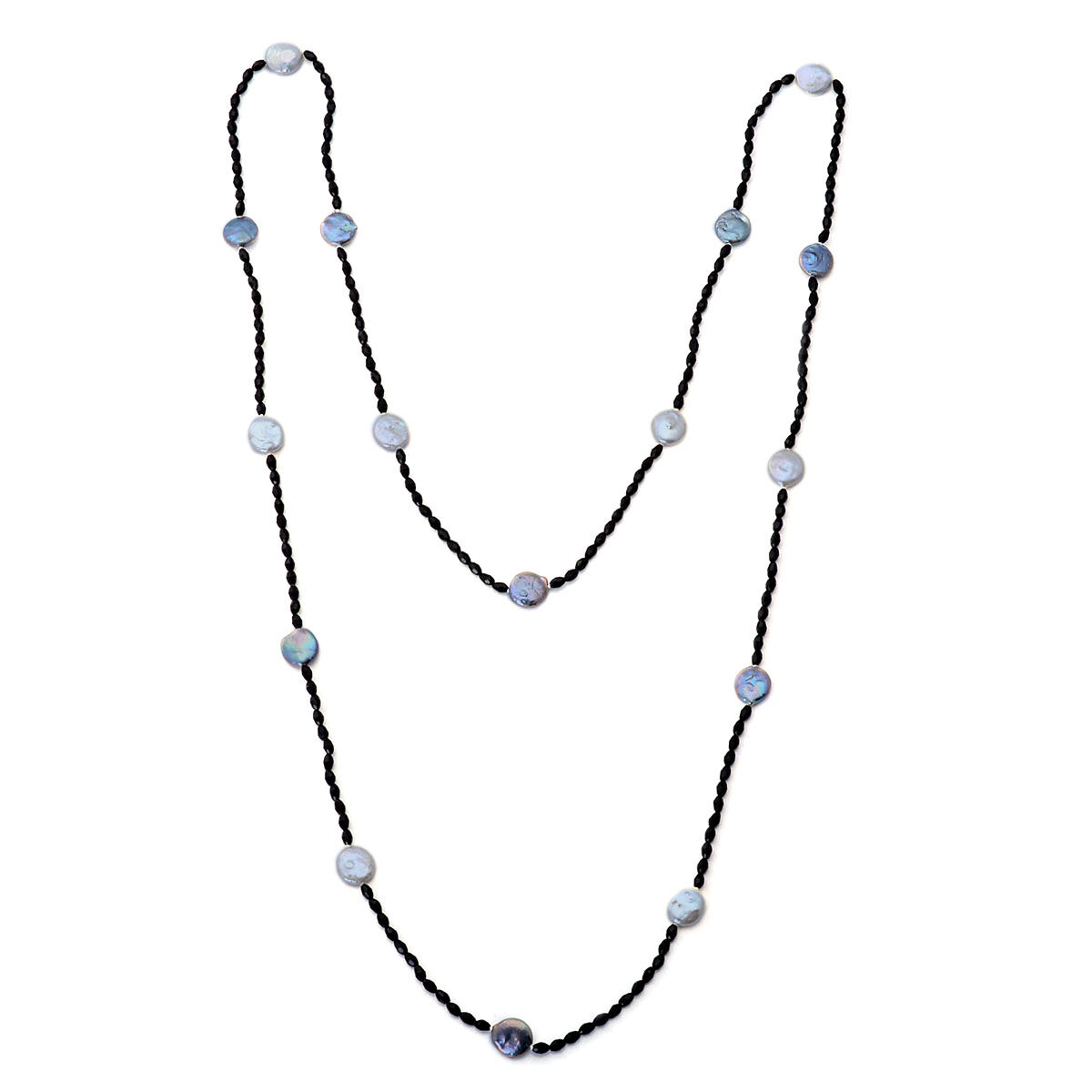 White and Peacock Keshi Pearl and Simulated Black Diamond Station Necklace (Size 48)