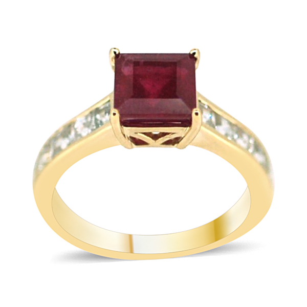 9K Y Gold African Ruby (Sqr 2.50 Ct), Natural Cambodian White Zircon Ring 3.000 Ct.