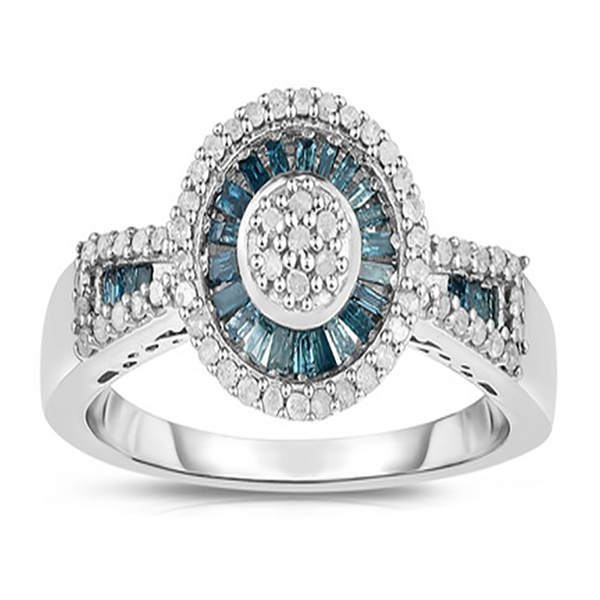 Blue and White Diamond (Bgt and Rnd) Cluster Ring in Rhodium Overlay Sterling Silver 0.500 Ct