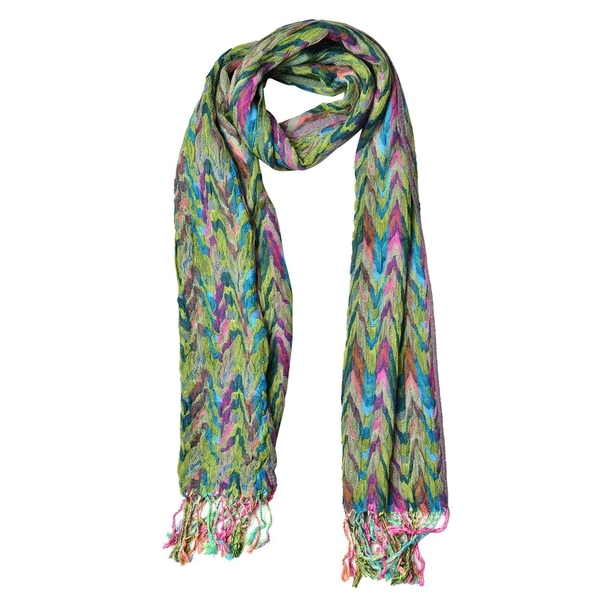 Italian Designer Inspired-Green, Pink and Multi Colour Zigzag Pattern Scarf with Tassels (Size 170X30 Cm)
