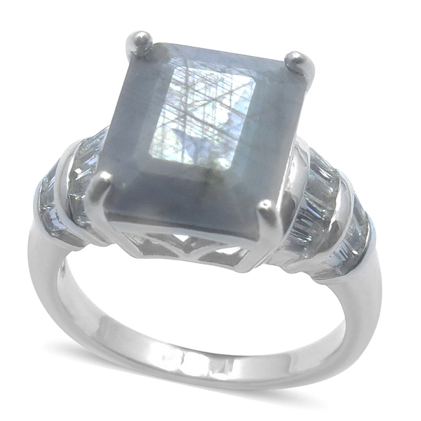 Natural Silver Sapphire (Oct 7.45 Ct), White Topaz Ring in Rhodium Plated Sterling Silver 8.250 Ct.