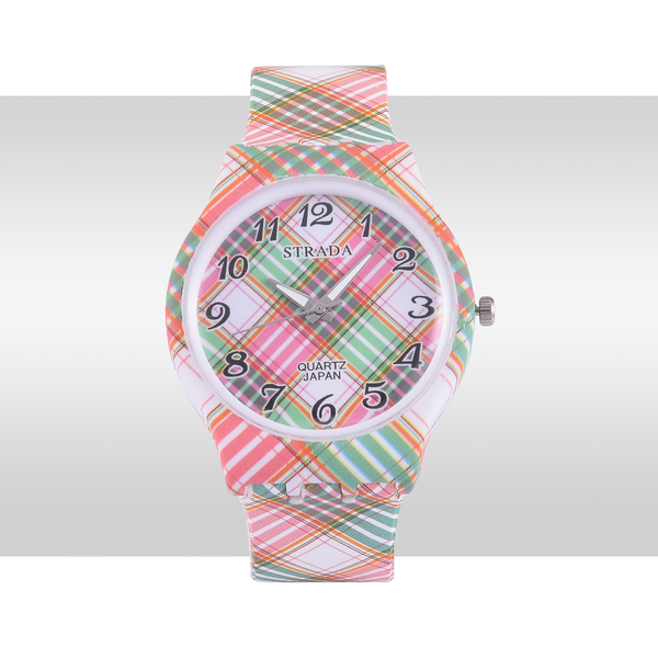 STRADA Japanese Movement Green and Pink Grid Printed Dial Water Resistant Watch with Stainless Steel Back and Grid Printed Strap