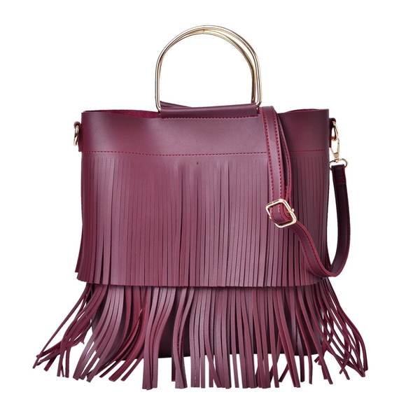 2 Piece Set - Burgundy Colour Large Handbag with Fringes (Size 30X27X8 Cm) and Small Handbag (Size 22X18X4 Cm) with Adjustable and Removable Shoulder Strap