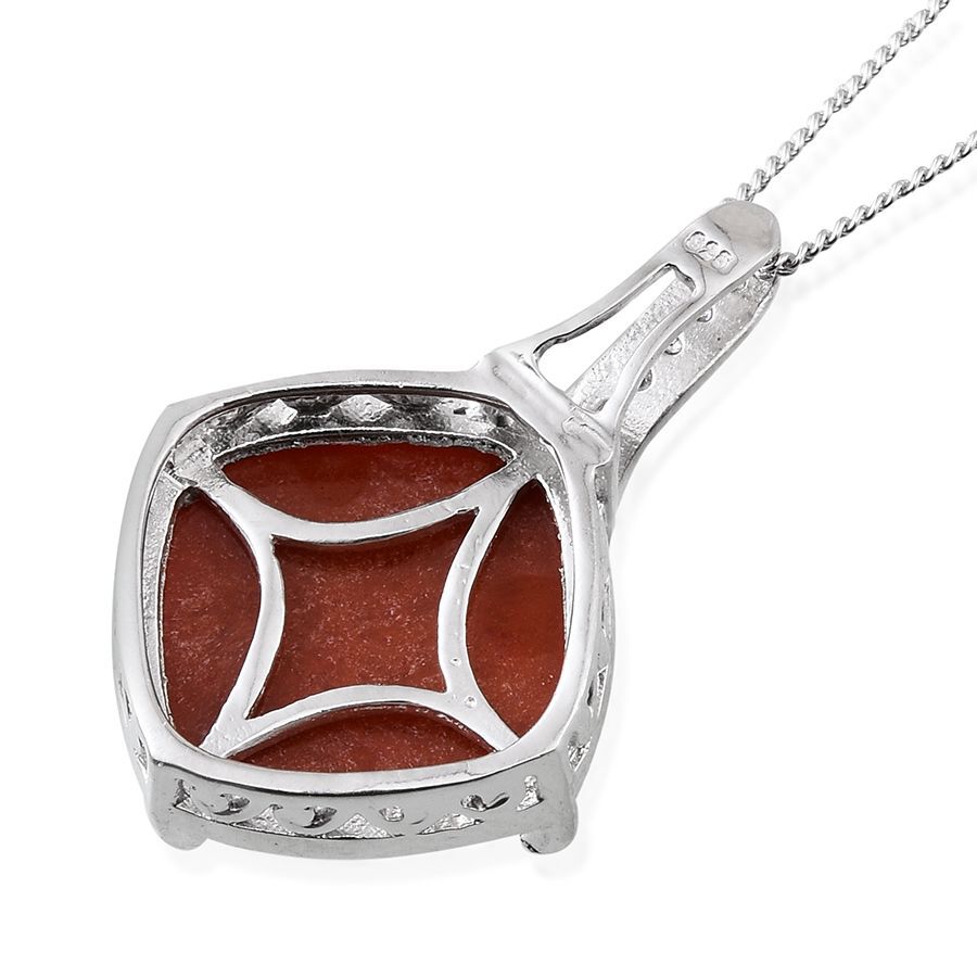 Red Jade (Cush 11.25 Ct), Diamond Pendant With Chain (Size 18) in Platinum Overlay Sterling